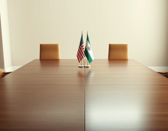 Diplomatic negotiation table with American and Iranian flags, representing upcoming US-Iran talks.