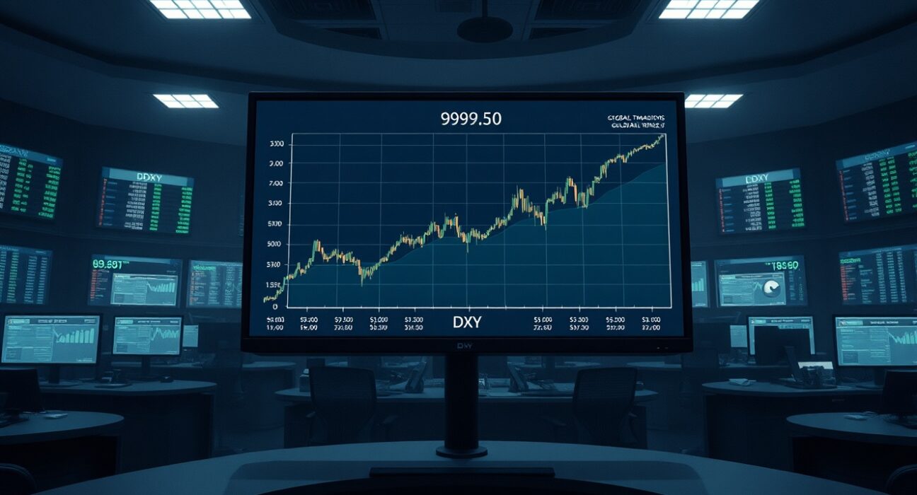 US Dollar Index chart showing a rally above 99.50 on a financial trading desk monitor.