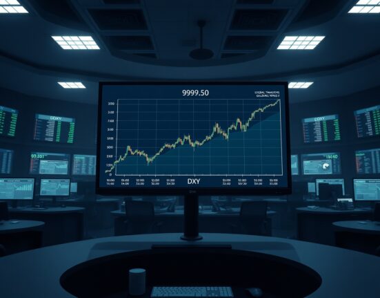 US Dollar Index chart showing a rally above 99.50 on a financial trading desk monitor.