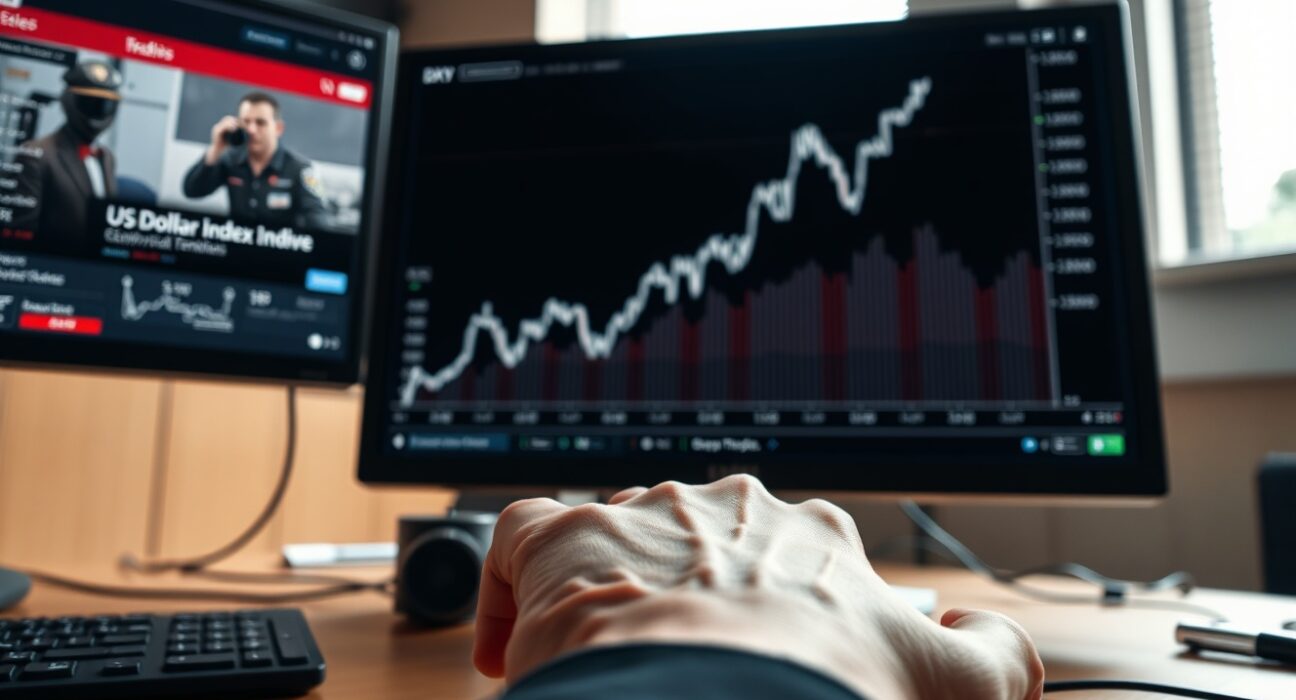 US Dollar Index chart rising on trading desk monitor amid geopolitical and inflation data news.