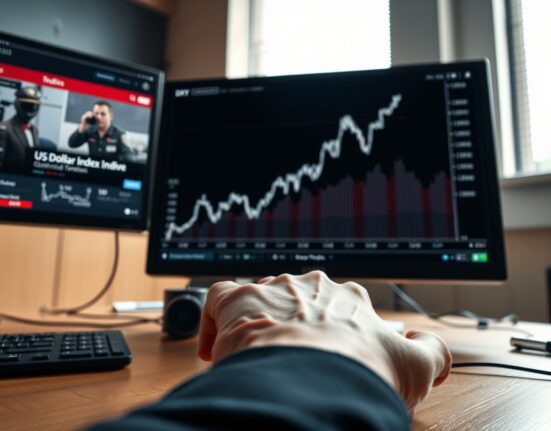 US Dollar Index chart rising on trading desk monitor amid geopolitical and inflation data news.