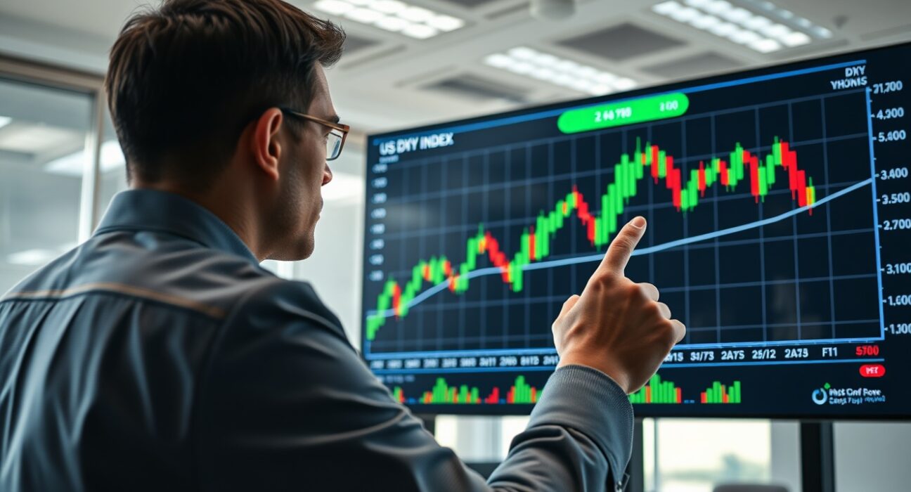 Analyst examining US Dollar Index chart on digital screen in modern office