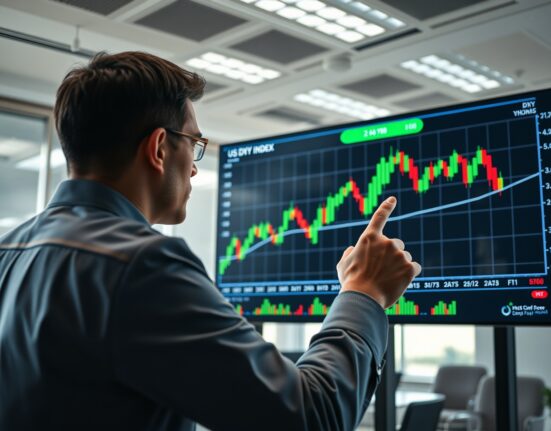 Analyst examining US Dollar Index chart on digital screen in modern office