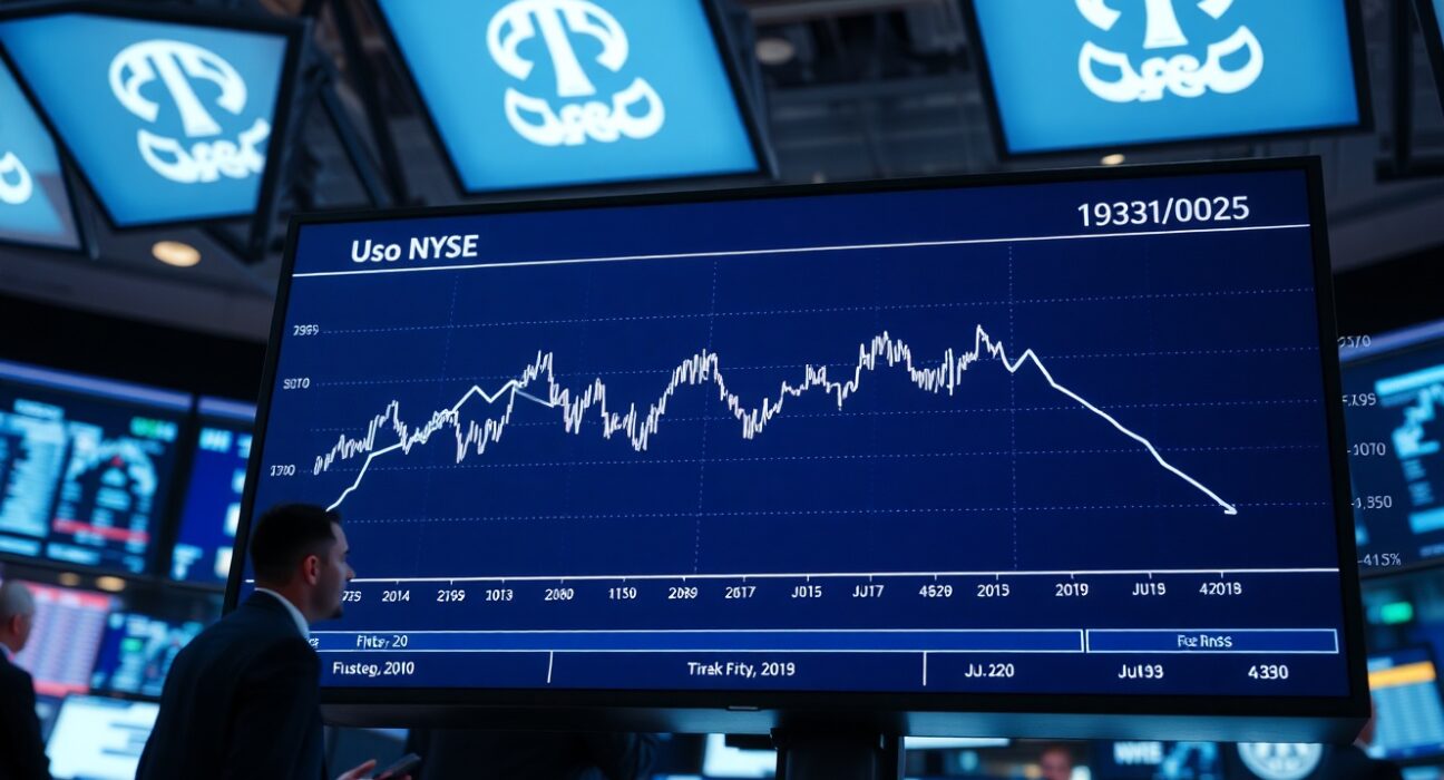 US Dollar Index chart showing decline on a trading floor screen