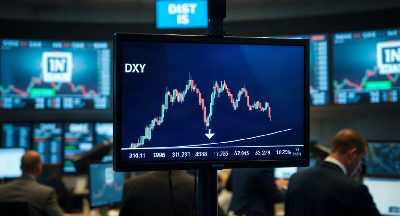 Financial market screen showing the US Dollar Index chart trending downward