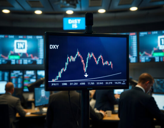 Financial market screen showing the US Dollar Index chart trending downward