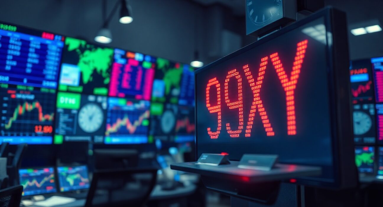 US Dollar Index display showing DXY near 99.00 on a trading floor with financial monitors in background