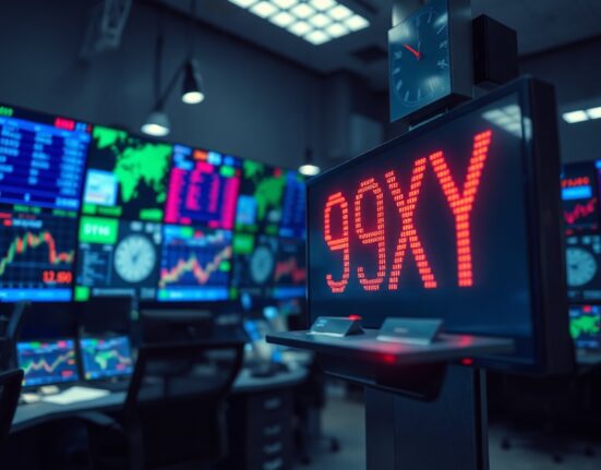 US Dollar Index display showing DXY near 99.00 on a trading floor with financial monitors in background