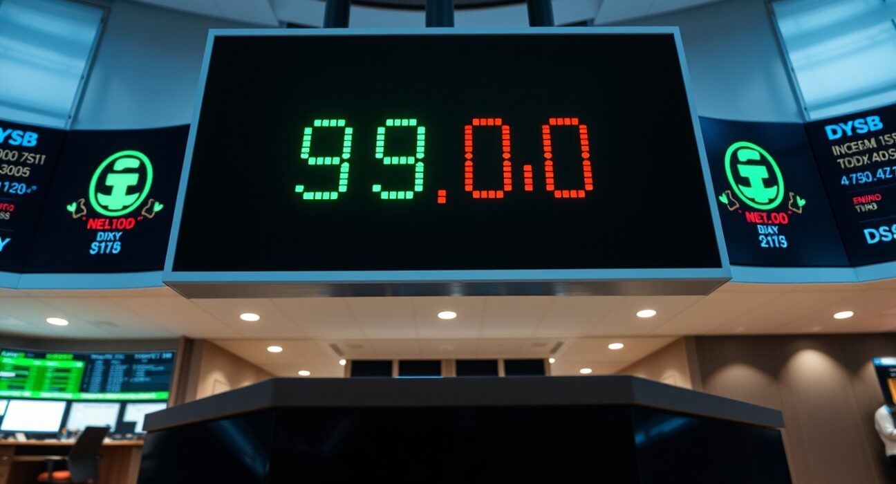 Digital display showing US Dollar Index near 99.00 on a trading floor
