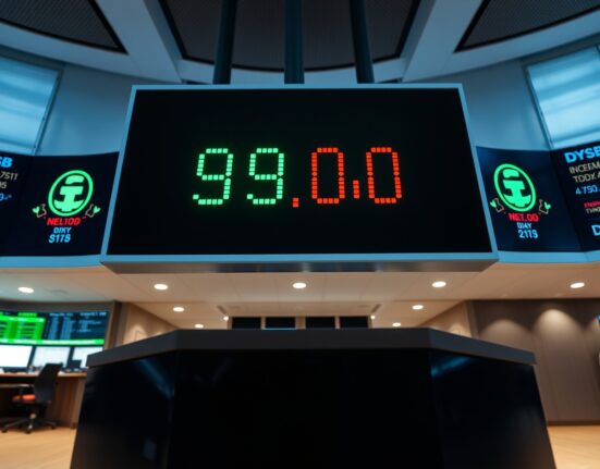Digital display showing US Dollar Index near 99.00 on a trading floor