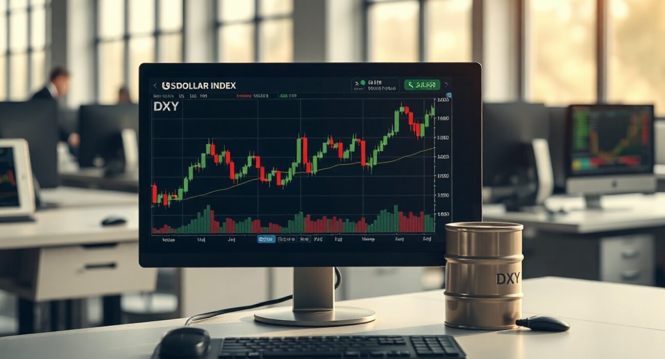 Analyst desk with DXY chart and oil barrel, symbolizing dollar-oil correlation