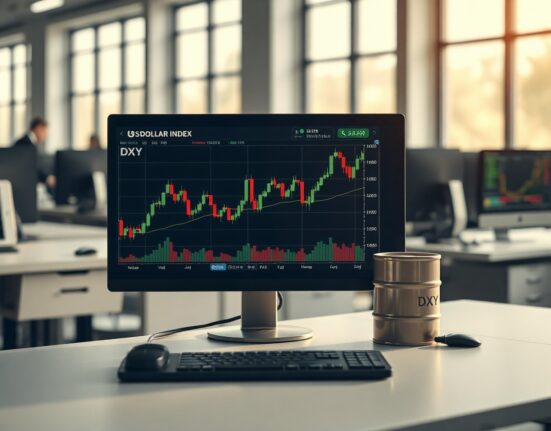 Analyst desk with DXY chart and oil barrel, symbolizing dollar-oil correlation
