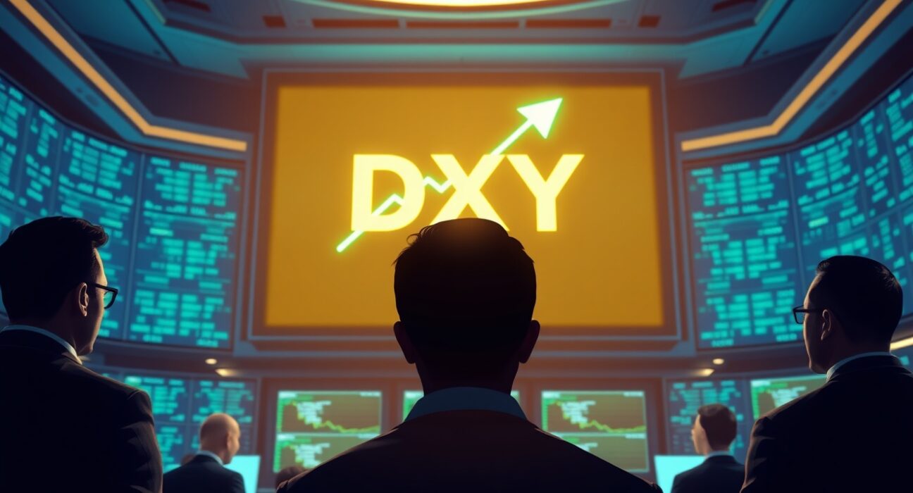 Financial analysts observing a US Dollar Index display board on a trading floor.