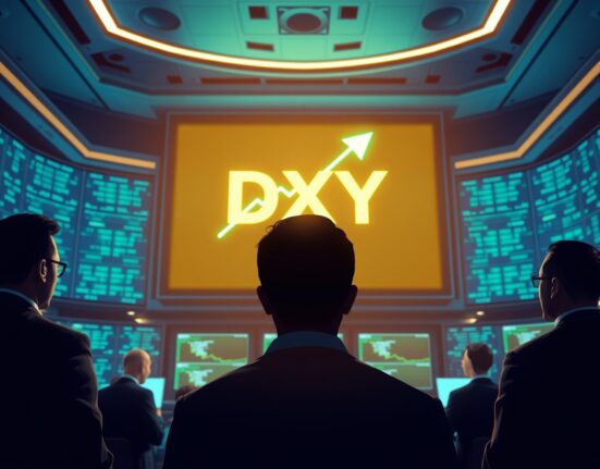 Financial analysts observing a US Dollar Index display board on a trading floor.