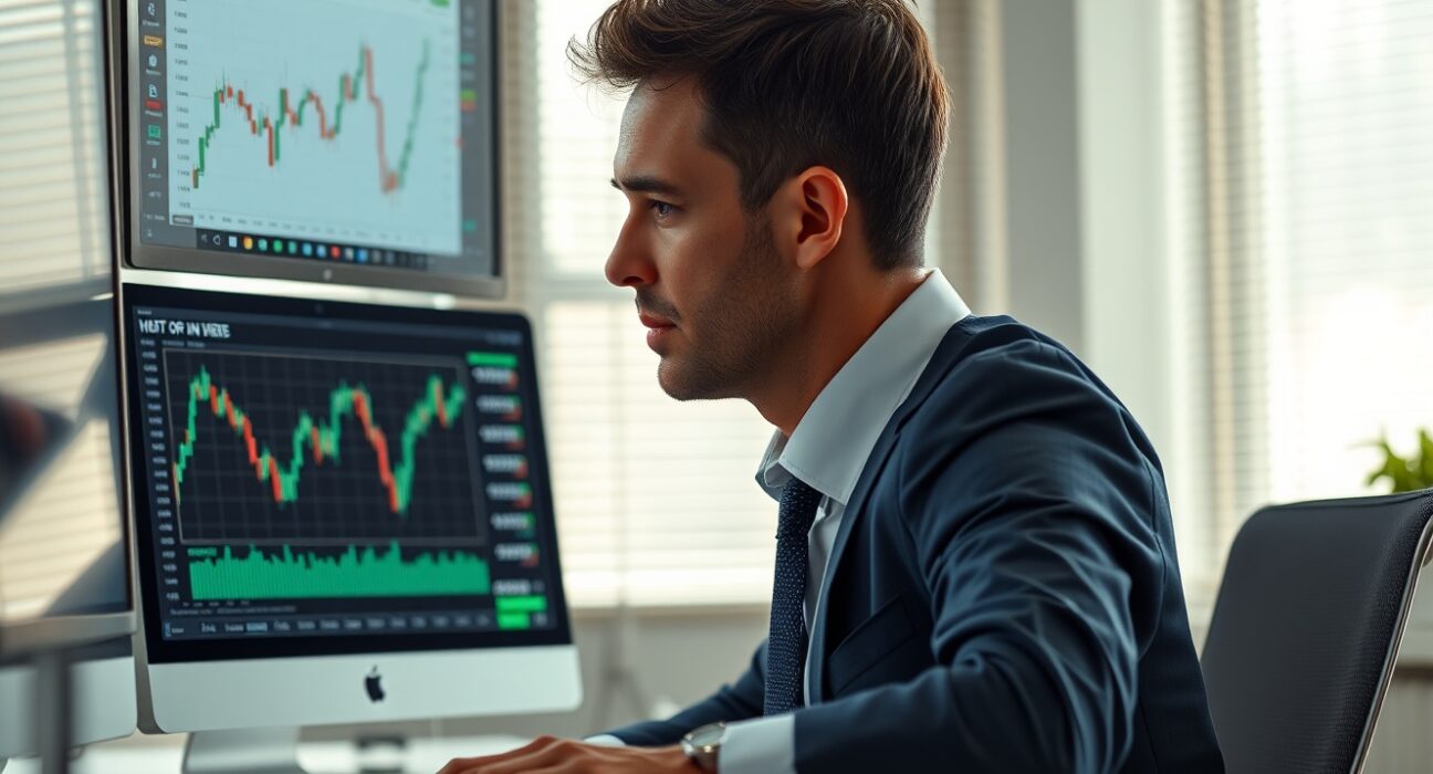 Financial analyst monitoring US Dollar Index chart and Treasury yield data in a modern office