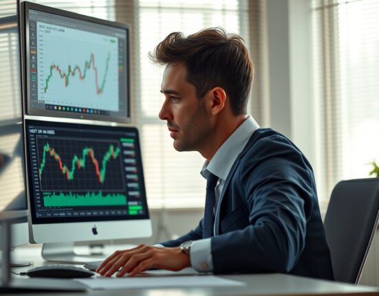 Financial analyst monitoring US Dollar Index chart and Treasury yield data in a modern office