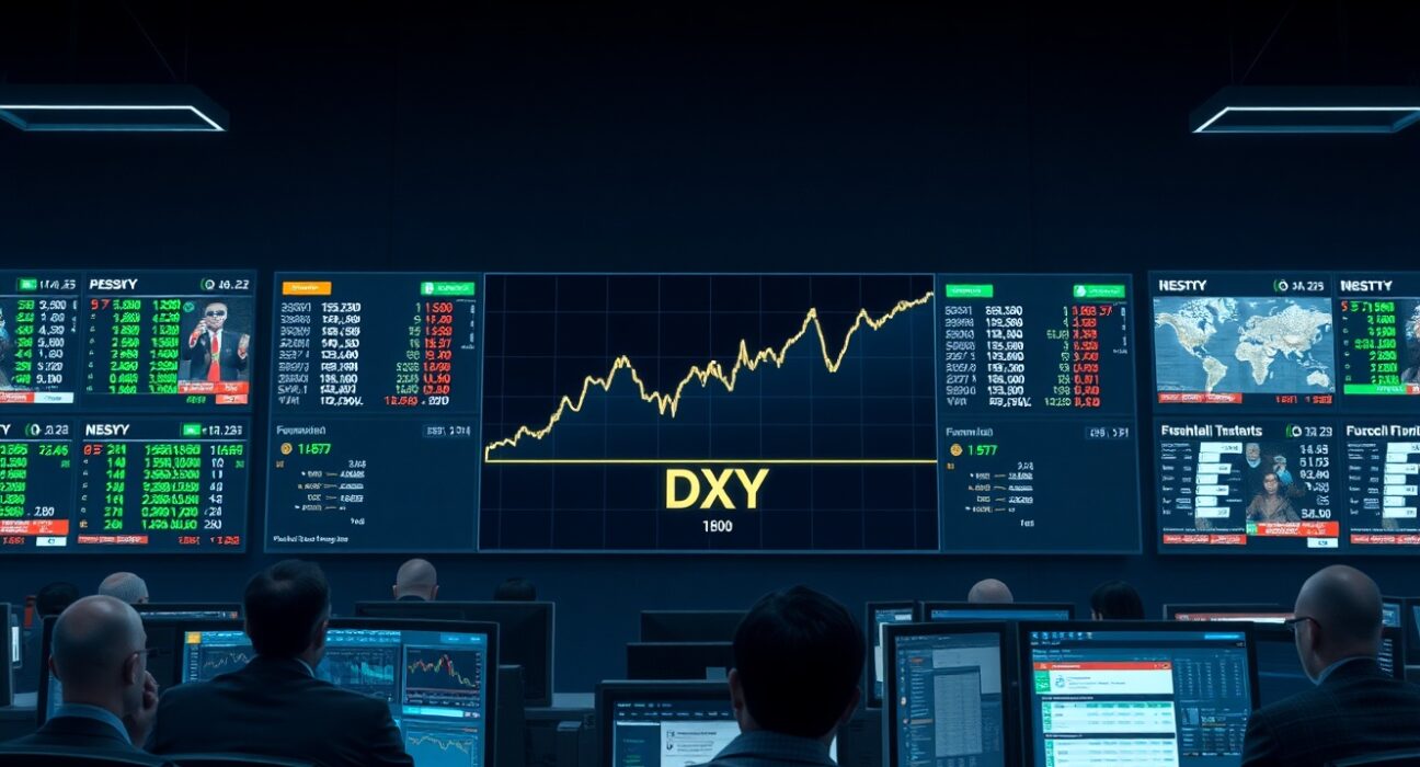 US Dollar Index graph surging on a trading floor display during geopolitical crisis.
