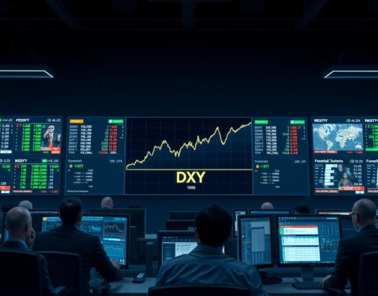 US Dollar Index graph surging on a trading floor display during geopolitical crisis.