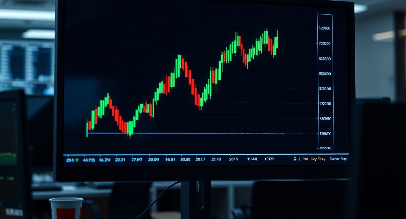 US Dollar Index chart showing a sharp upward movement on a trading monitor in a financial newsroom.