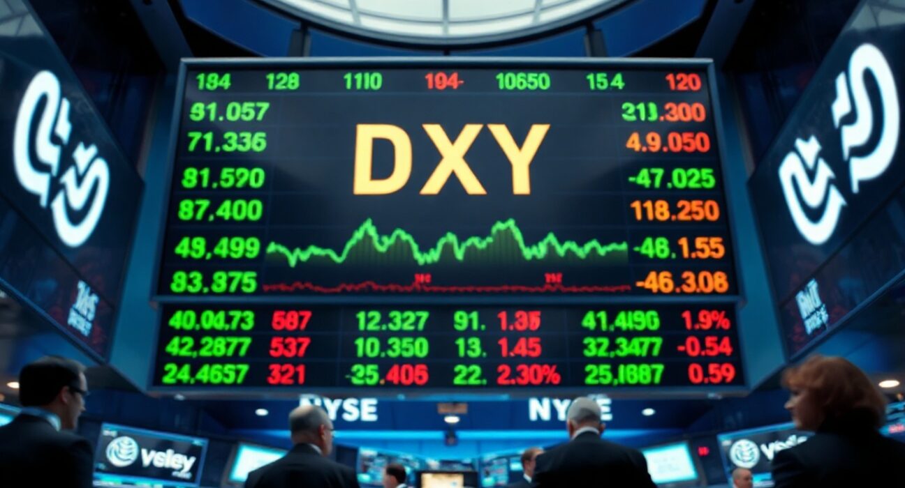 US Dollar Index display on a trading floor showing elevated levels