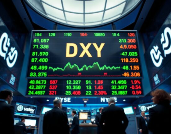 US Dollar Index display on a trading floor showing elevated levels