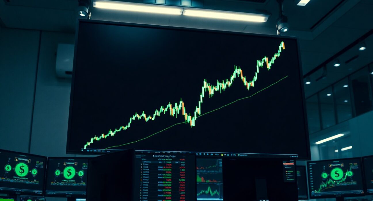 US Dollar Index chart surging on trading floor display as Kevin Warsh signals hawkish Fed policy shift