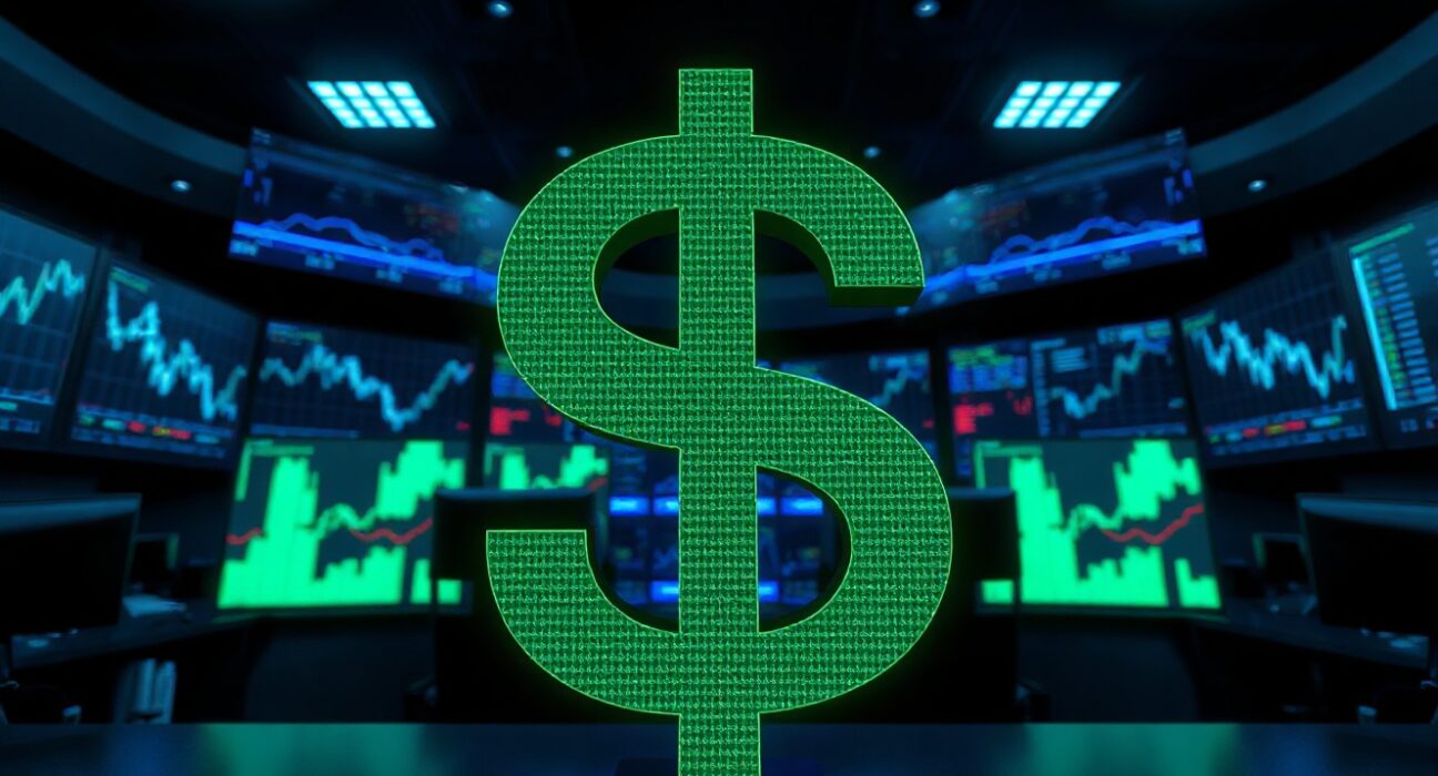 Digital US dollar sign on a trading floor background representing the rising US Dollar Index.