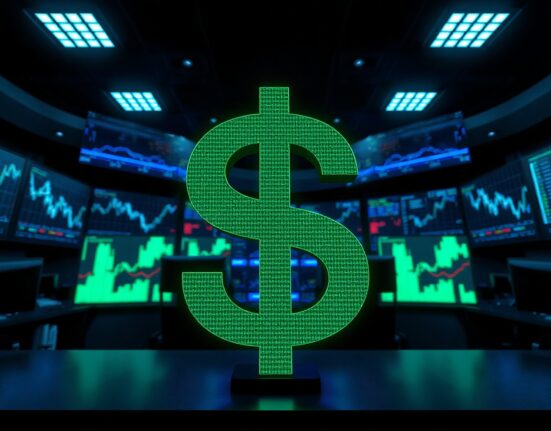 Digital US dollar sign on a trading floor background representing the rising US Dollar Index.