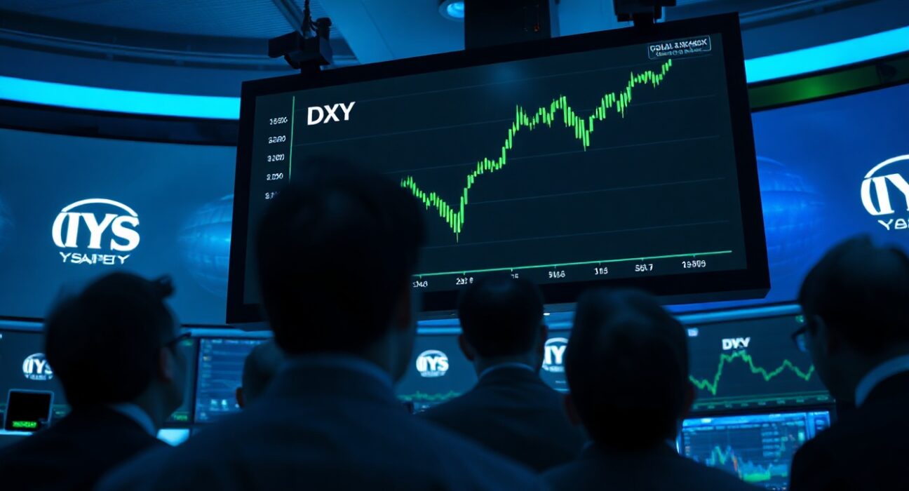 US Dollar Index chart on a trading floor screen showing an upward trend, with traders in the background.