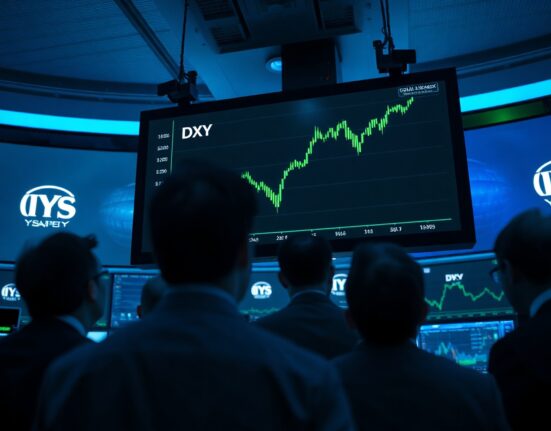 US Dollar Index chart on a trading floor screen showing an upward trend, with traders in the background.