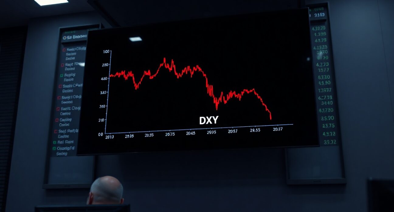 Digital screen showing US Dollar Index chart declining amid geopolitical news