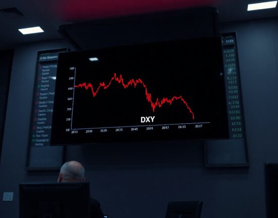 Digital screen showing US Dollar Index chart declining amid geopolitical news