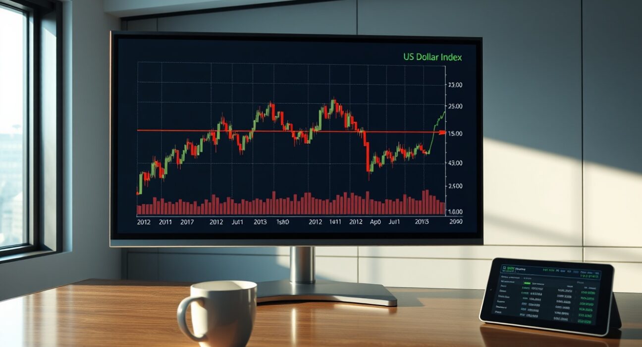 Financial news desk with digital screen showing US Dollar Index chart pulling back from earlier highs.