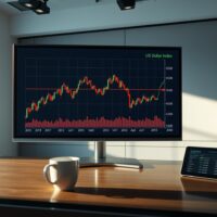 Financial news desk with digital screen showing US Dollar Index chart pulling back from earlier highs.
