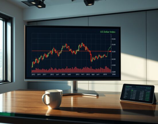 Financial news desk with digital screen showing US Dollar Index chart pulling back from earlier highs.