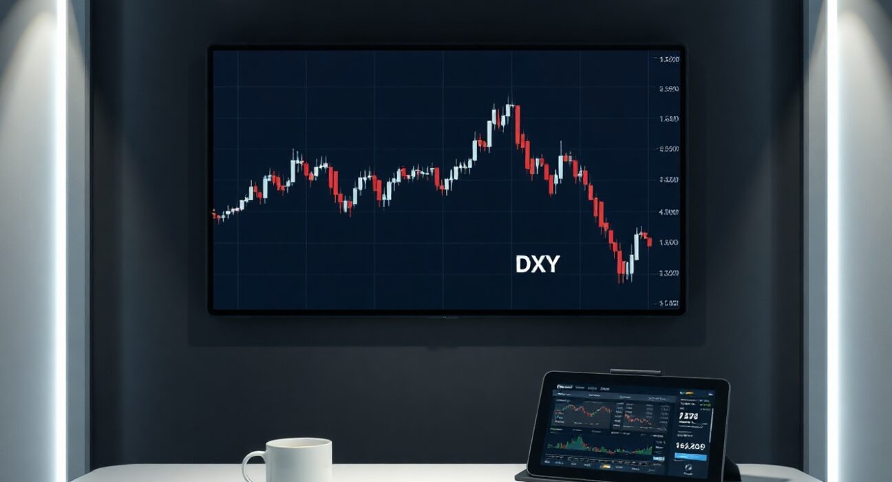 Digital screen showing US Dollar Index chart with slight decline in a financial news studio setting.