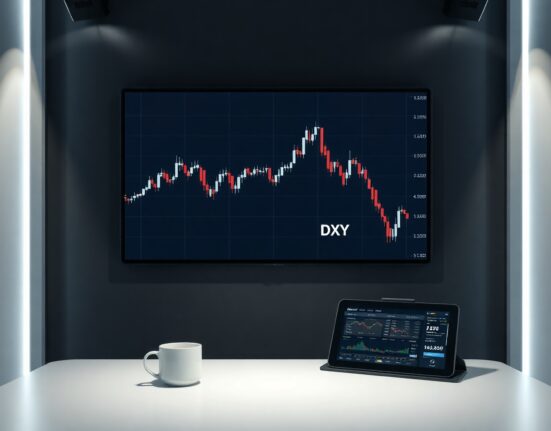 Digital screen showing US Dollar Index chart with slight decline in a financial news studio setting.