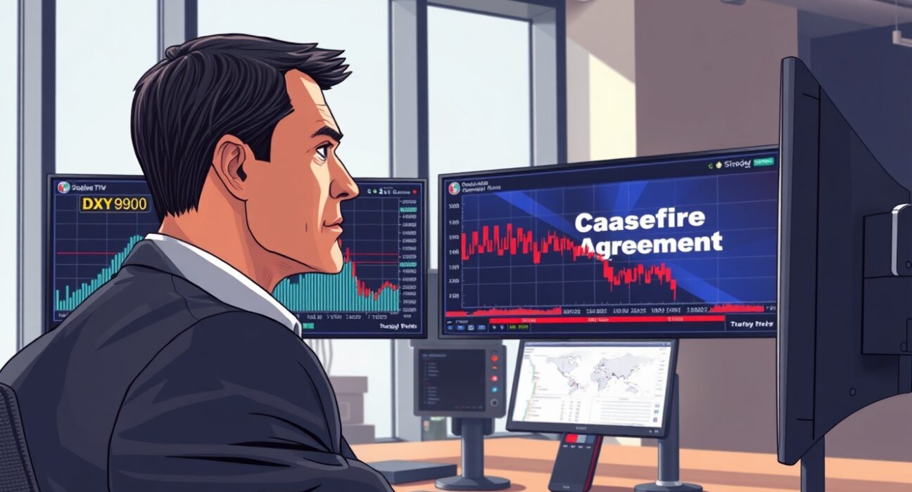 Trader analyzing the falling US Dollar Index chart amid geopolitical news.