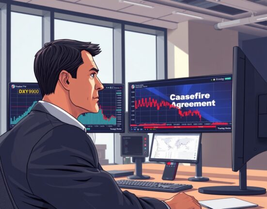 Trader analyzing the falling US Dollar Index chart amid geopolitical news.