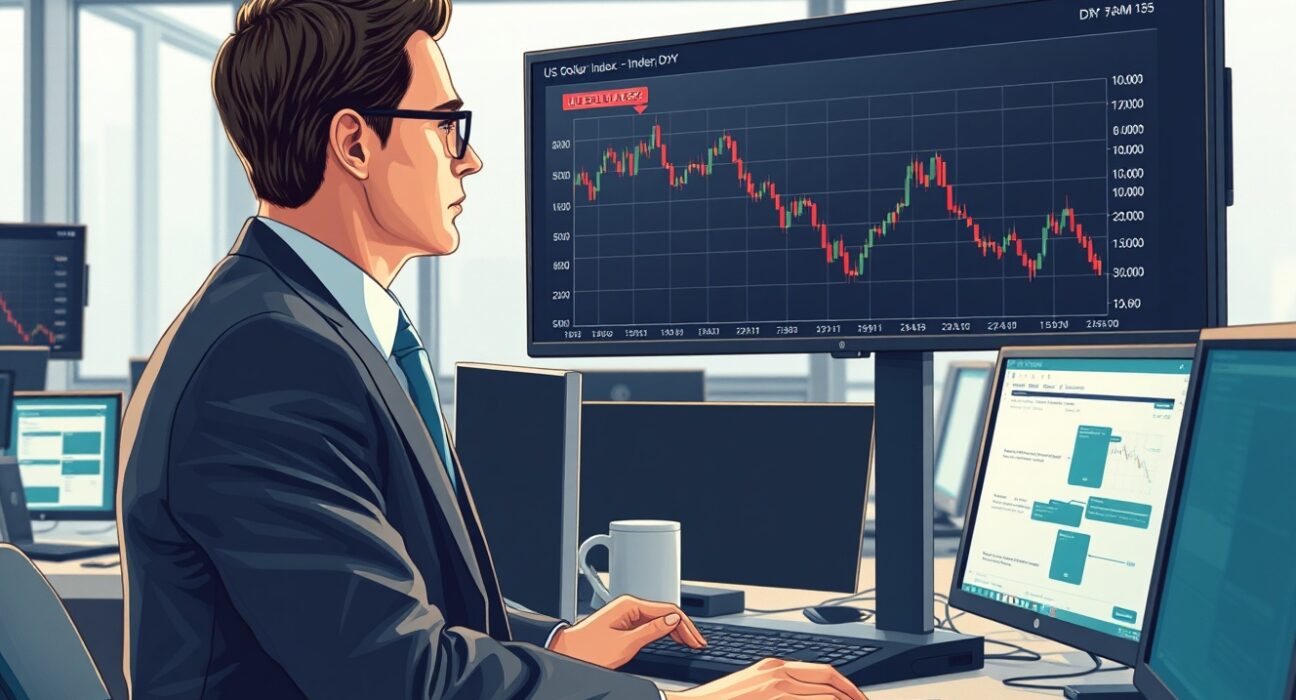 Trader analyzing the US Dollar Index chart showing a decline below 100.00 amid shifting market sentiment.