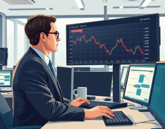 Trader analyzing the US Dollar Index chart showing a decline below 100.00 amid shifting market sentiment.