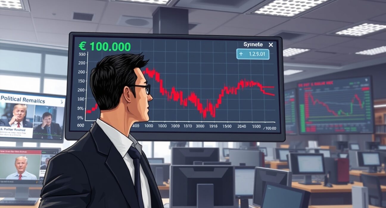 Trader analyzes falling US Dollar Index chart following Trump's market-moving remarks on risk appetite.