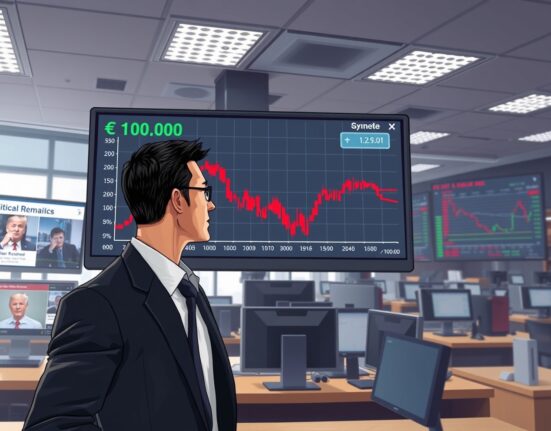 Trader analyzes falling US Dollar Index chart following Trump's market-moving remarks on risk appetite.