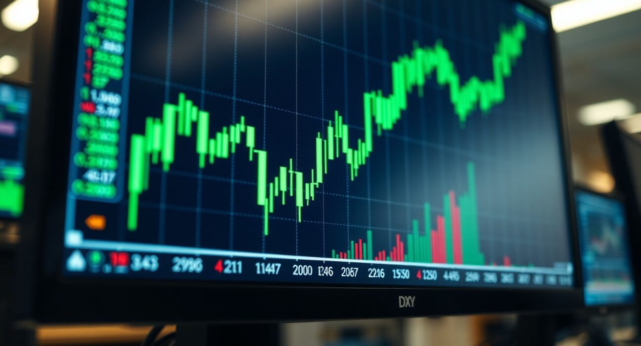 US Dollar Index chart showing upward trend on a trading monitor