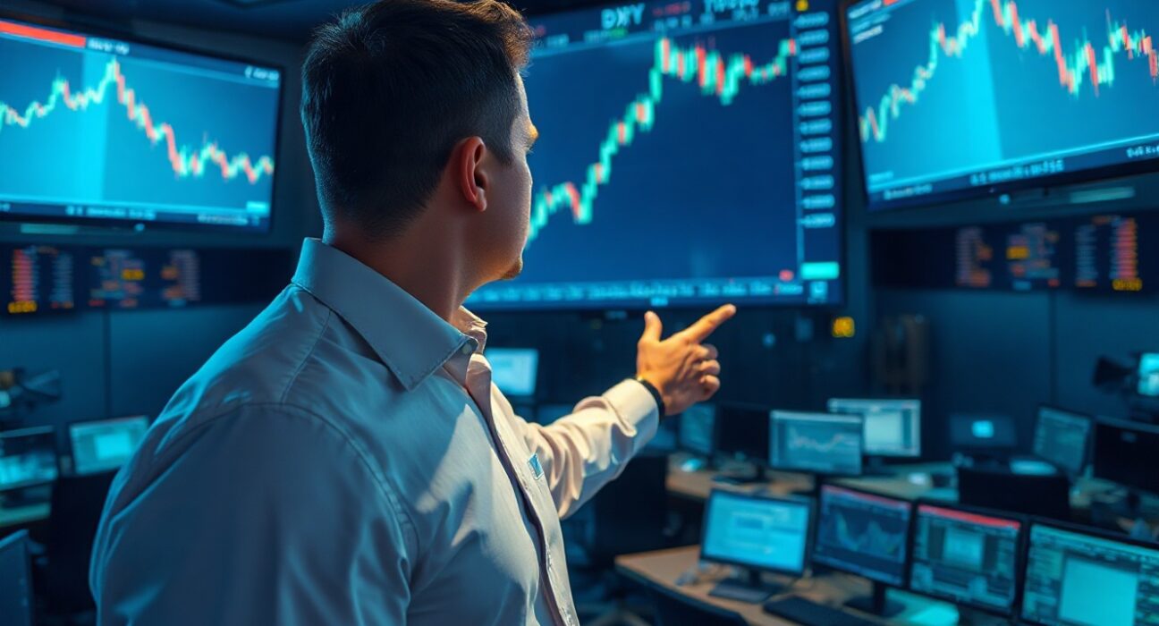 Analyst pointing at US Dollar Index chart showing upward trend on trading floor monitors.