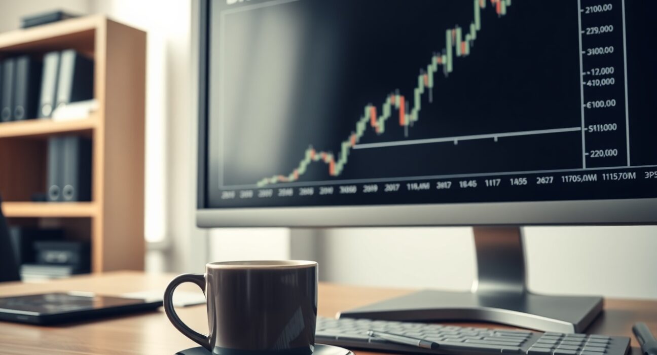 Financial analyst's desk with computer monitor showing US Dollar Index chart trending upward.