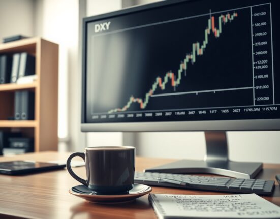 Financial analyst's desk with computer monitor showing US Dollar Index chart trending upward.