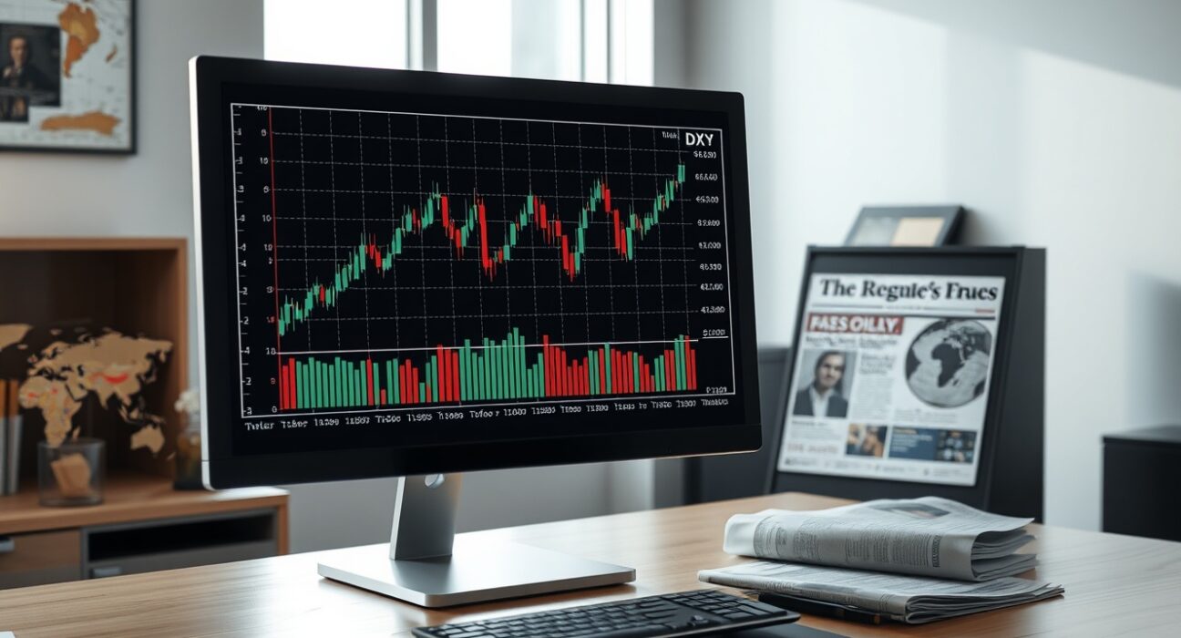 Financial analyst desk with US Dollar Index chart showing upward trend and Iran news in background