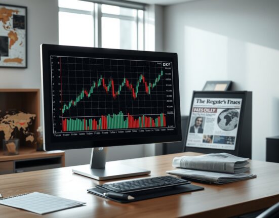 Financial analyst desk with US Dollar Index chart showing upward trend and Iran news in background