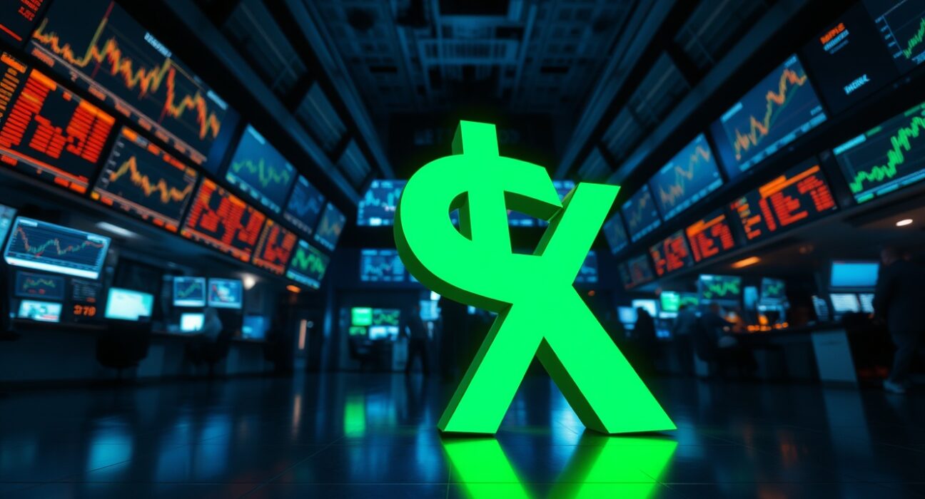 US Dollar Index symbol on a dark trading floor with rising yield charts on monitors.